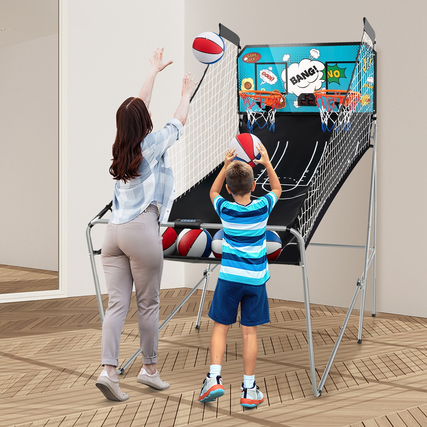 Costway Dual Shot Basketball Arcade Game with 8 Game Modes Electronic Scoring Blue/Green/Red/White