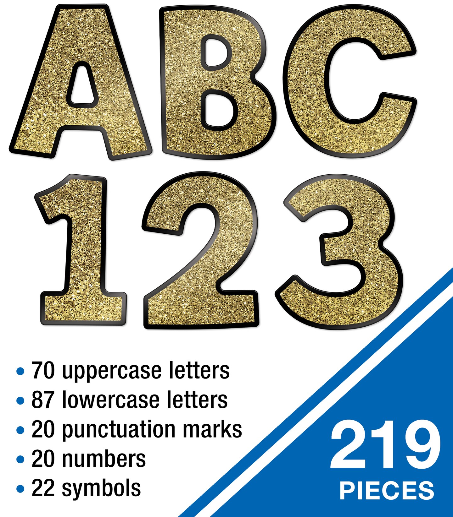Carson Dellosa 219-Piece Gold Glitter Cutout Letters, 4&#x22; Upper and Lowercase Alphabet, Numbers, Punctuation, and Symbols for Bulletin Board, Posterboard, Party, and Classroom Decor