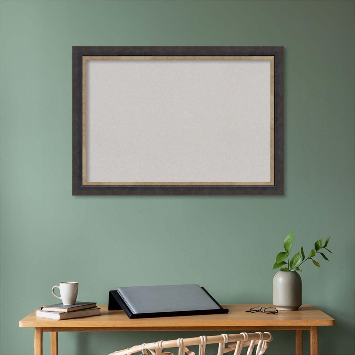 Hammered Charcoal Tan Wood Framed Corkboard, Grey Cork