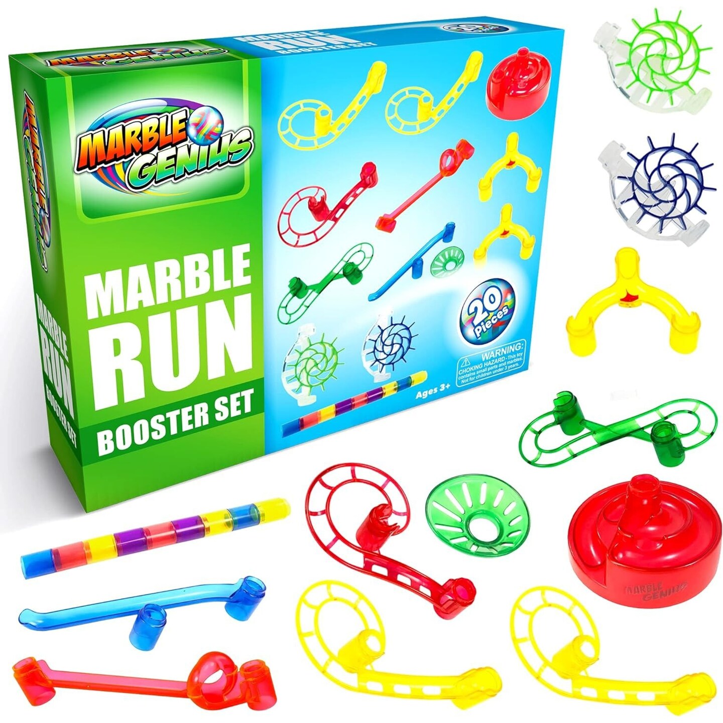 Marble Genius Marble Run Booster Set - 20 Pieces Total (Marbles Not Included), Construction Building Blocks Toys for Ages 3 and Above, with Instruction App Access, Add-On Set, Primary