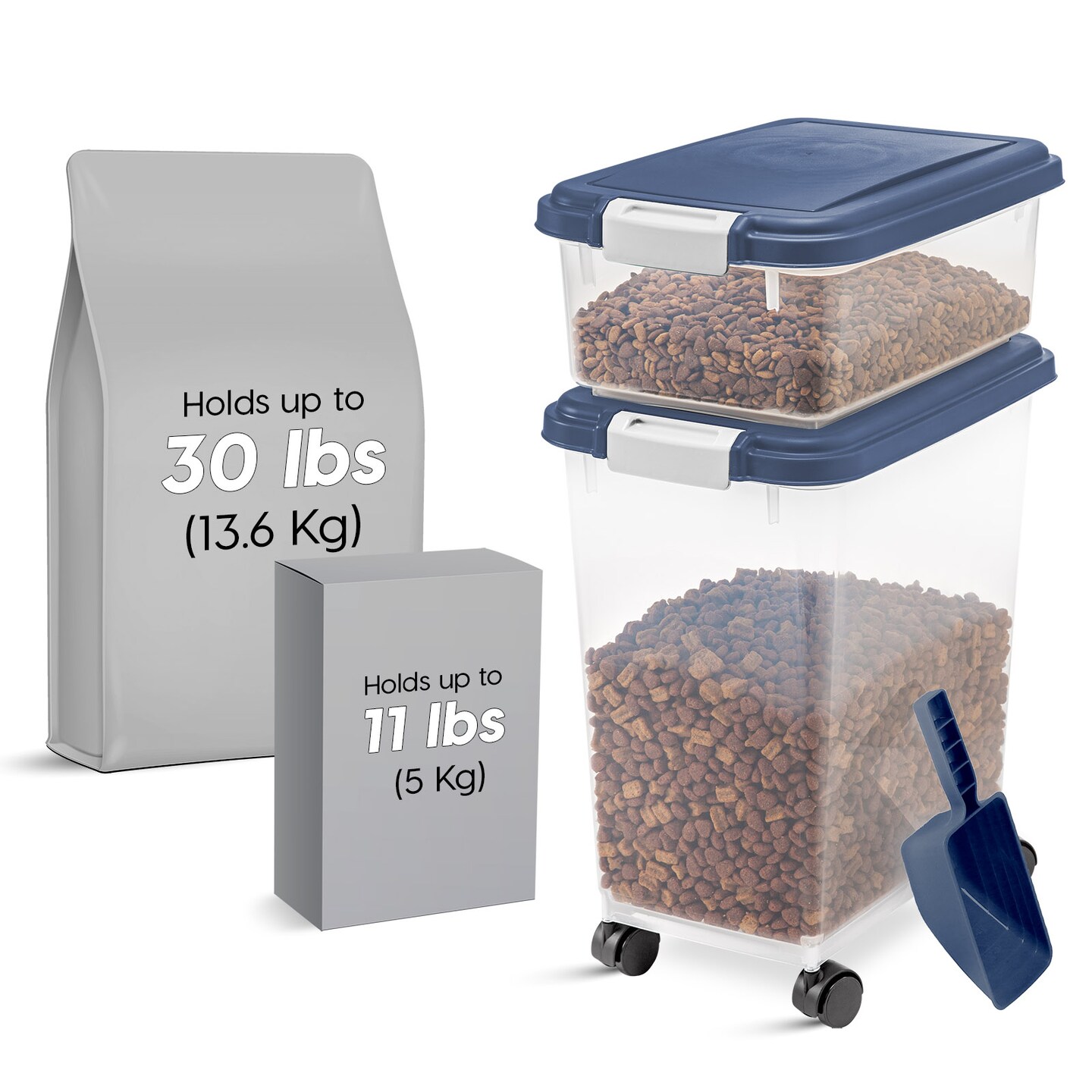 IRIS USA 30lbs+11lbs Airtight Pet Food Storage Container Combo with Scoop and Casters, up to 41lbs