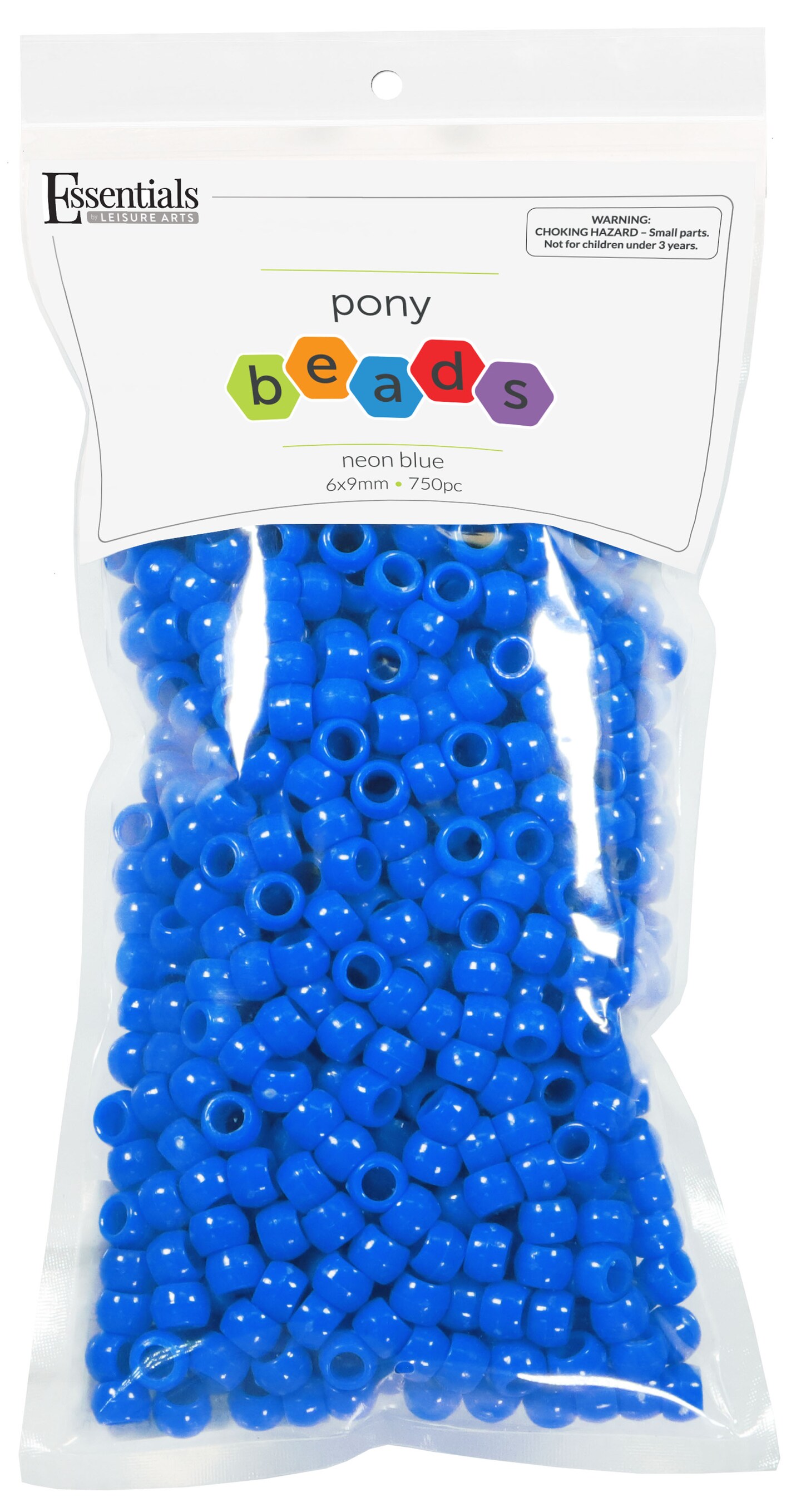 Essentials by Leisure Arts Pony Bead 6mm x 9mm Neon Blue Opaque Plastic Pony Beads Bulk 750 pieces for Arts, Crafts, Bracelet, Necklace, Jewelry Making, Earring, Hair Braiding