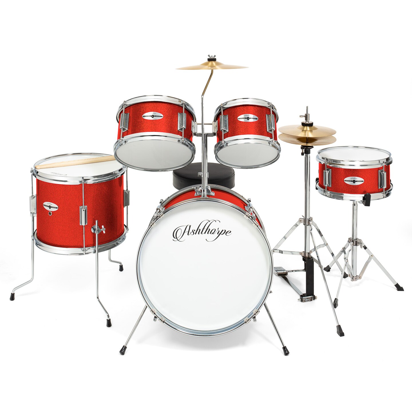 Ashthorpe 5-Piece Complete Junior Drum Set with Genuine Brass Cymbals - Advanced Beginner Kit with 16&#x22; Bass, Adjustable Throne, Cymbals, Hi-Hats, Pedals &#x26; Drumsticks