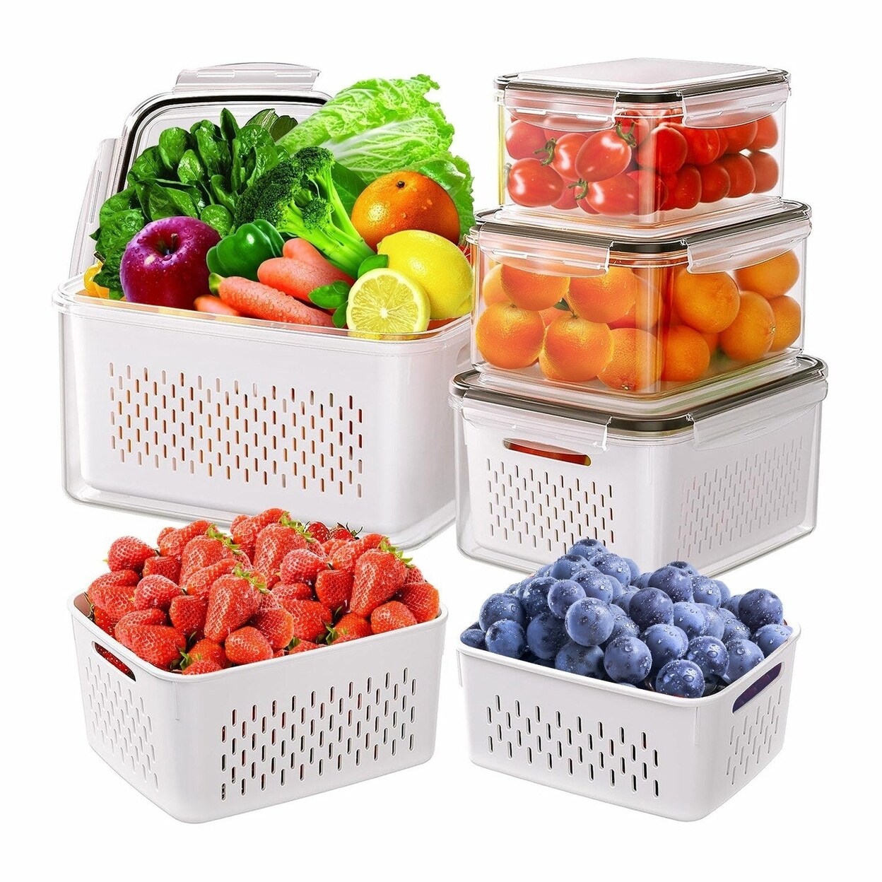 5Pcs Fruit Vegetable Containers With Removable Drain Basket Leakproof Lid Stackable Food Storage