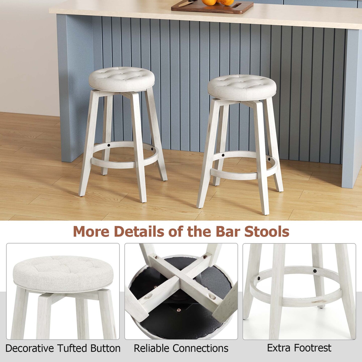 Costway 26"/30" Swivel Bar Stool Set of 2 Upholstered Counter/Bar Height Rubber Wood Frame Beige