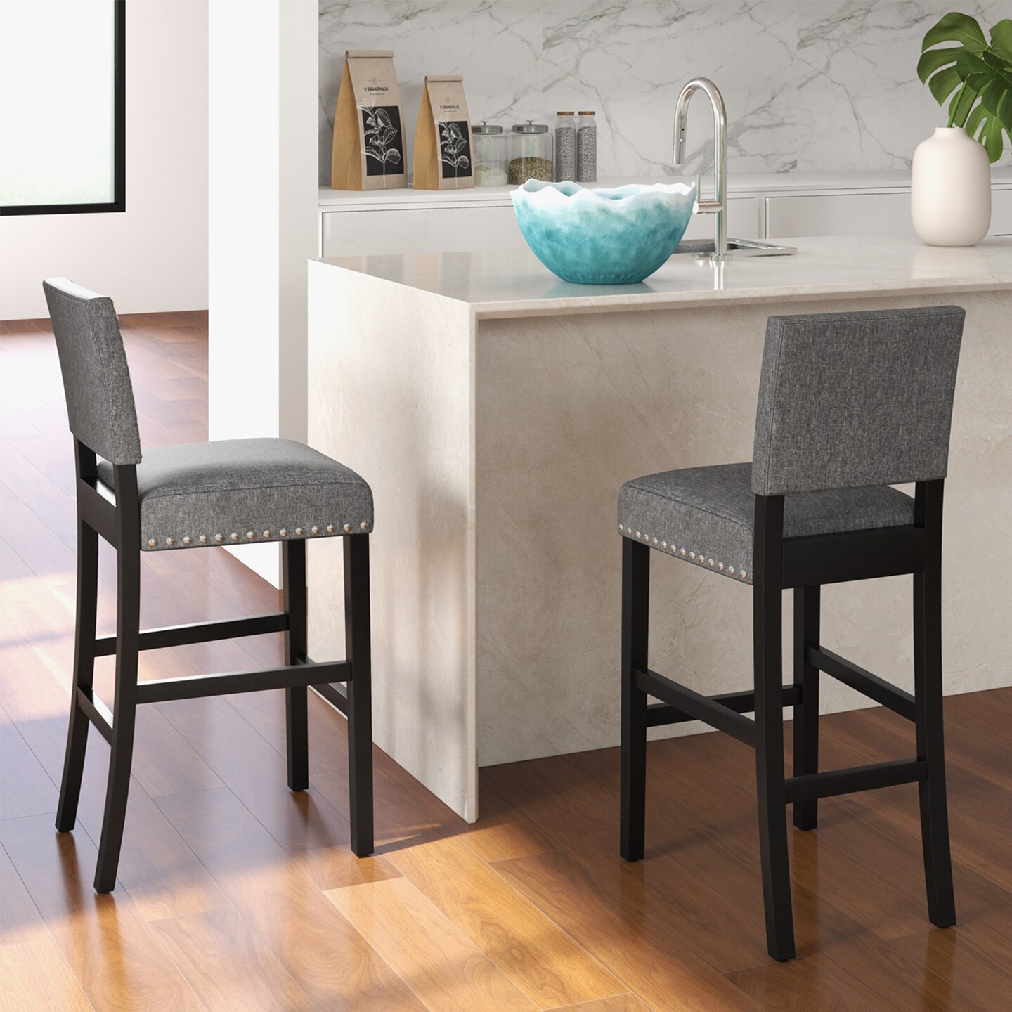 Costway Set of 2 Counter/Bar Height Chairs with Solid Rubber Wood Frame &#x26; Adjustable Foot Pads Gray &#x26; Dark Brown
