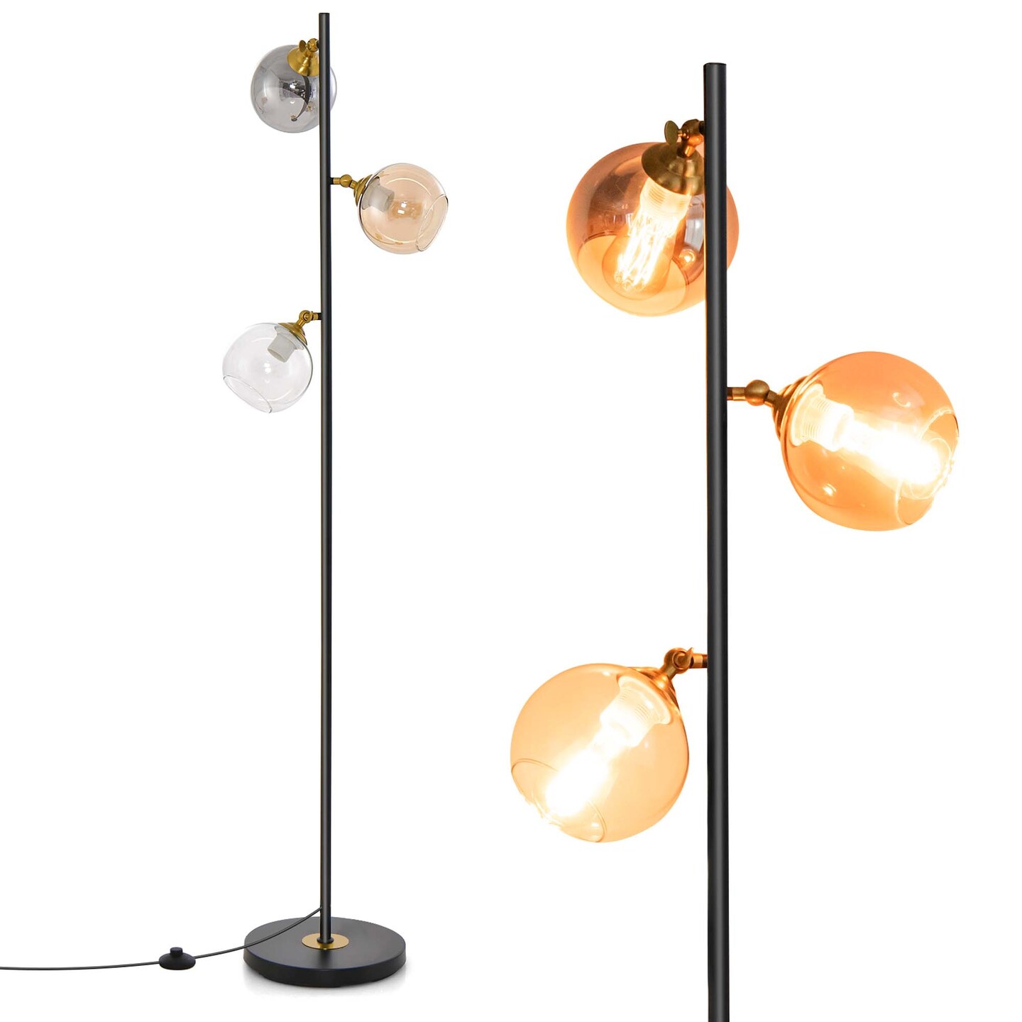 Costway Mid Century Floor Lamp Freestanding with 3 Glass Globe Lampshades &#x26; Foot Switch