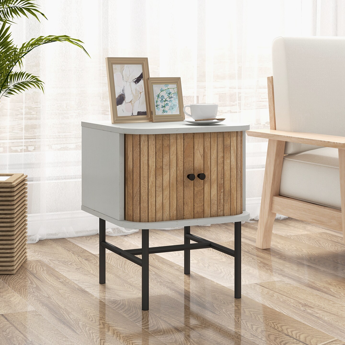 Costway Sliding Door Nightstand Mid-century Modern Storage End Table with Cabinet Black/Distressed White