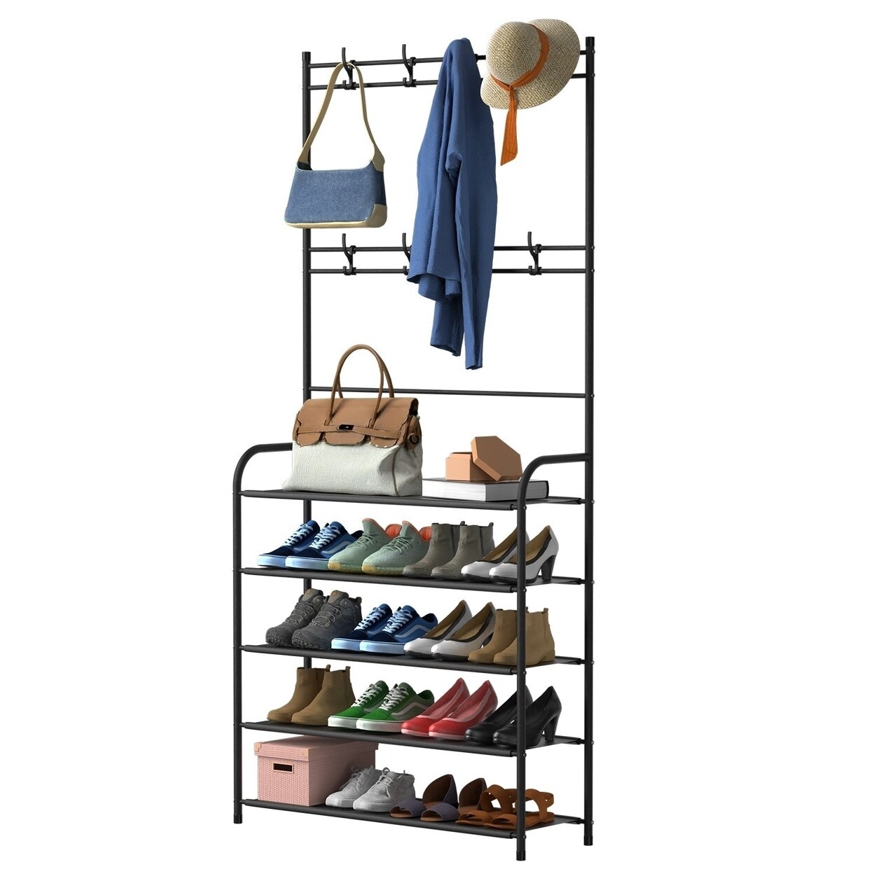 Entryway Coat Hat Rack Shoe Storage Shelf Shoe Rack Freestanding Hall Tree Garment Hanger Stand Clothes Shoe Organizer