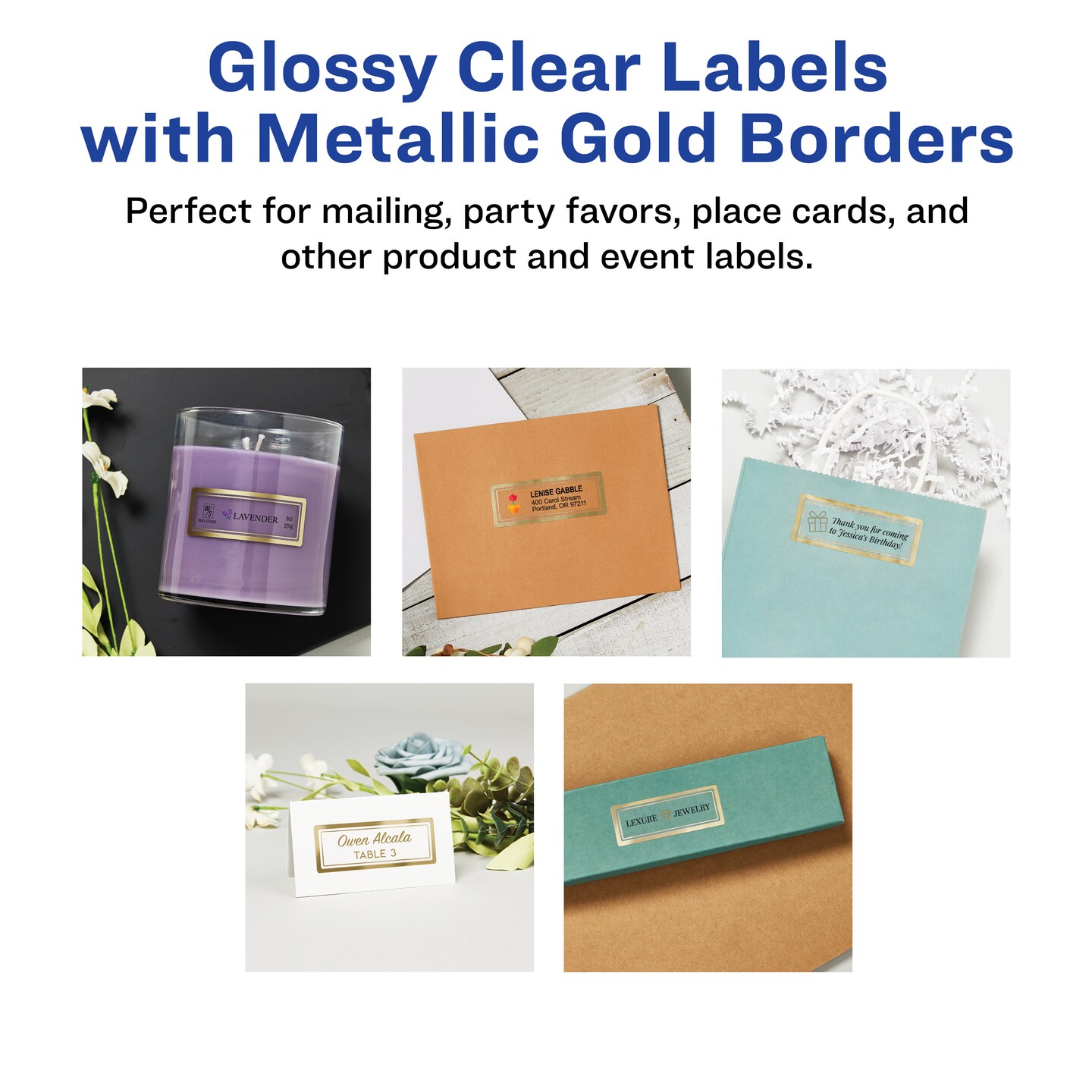 Avery Glossy Clear Labels with Metallic Gold Label Borders, 1" x 2-5/8" Rectangle Labels, 180 Total, Laser/Inkjet Printable Labels (6550)