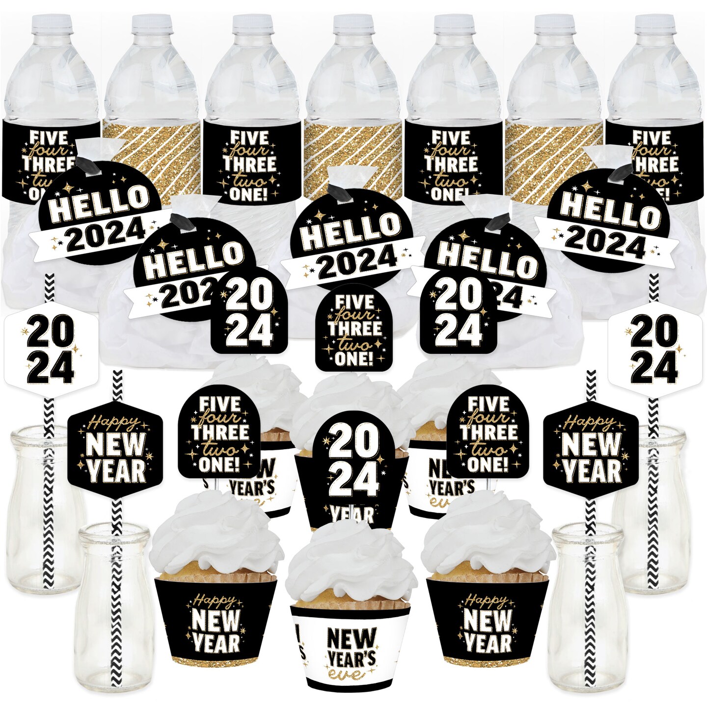 Big Dot of Happiness Hello New Year - 2024 NYE Party Favors and Cupcake Kit - Fabulous Favor Party Pack - 100 Pieces