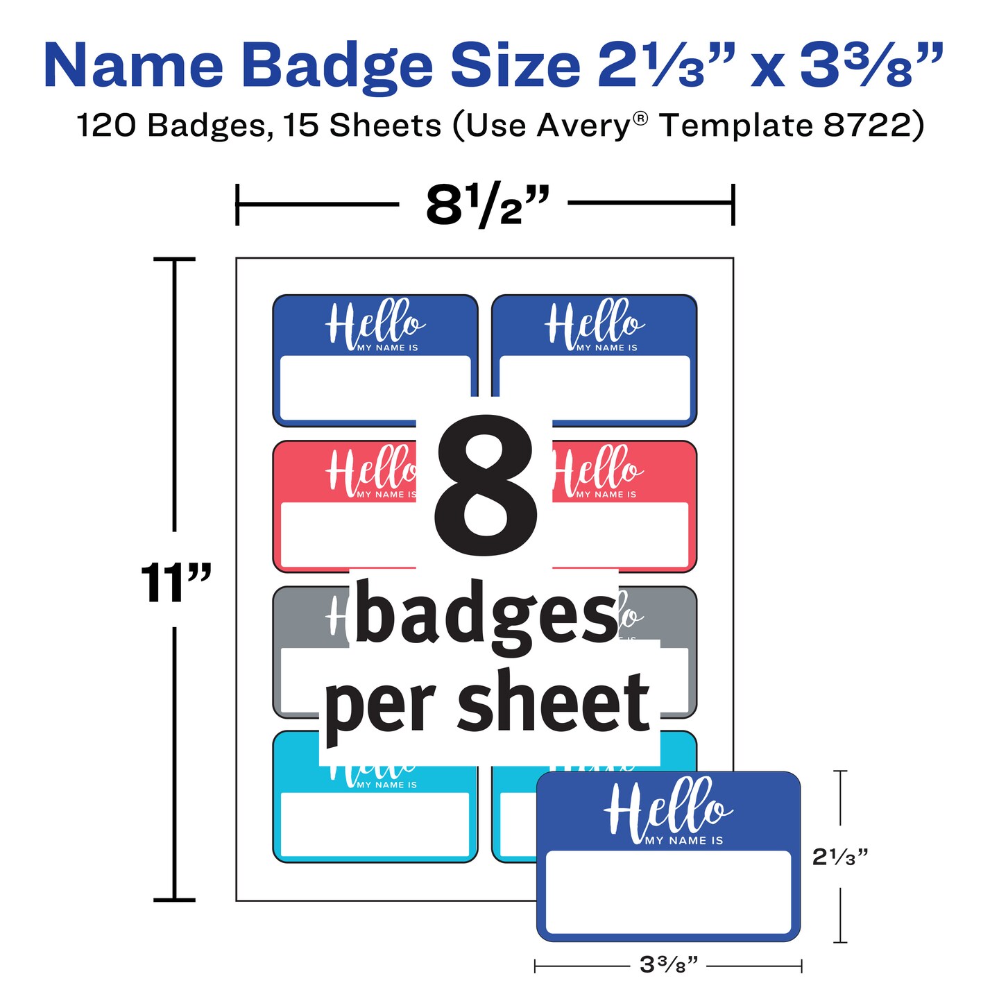 Avery Flexible Hello My Name Is Name Tags, 2-1/3" x 3-3/8", White with Assorted Colored Border, 120 Removable Name Badges (08722)