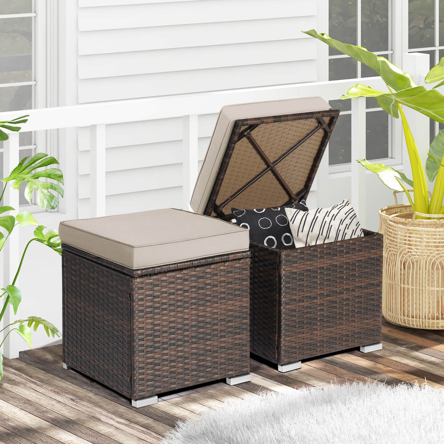 2 Pieces Patio Storage Ottoman with Removable and Washable Cushions