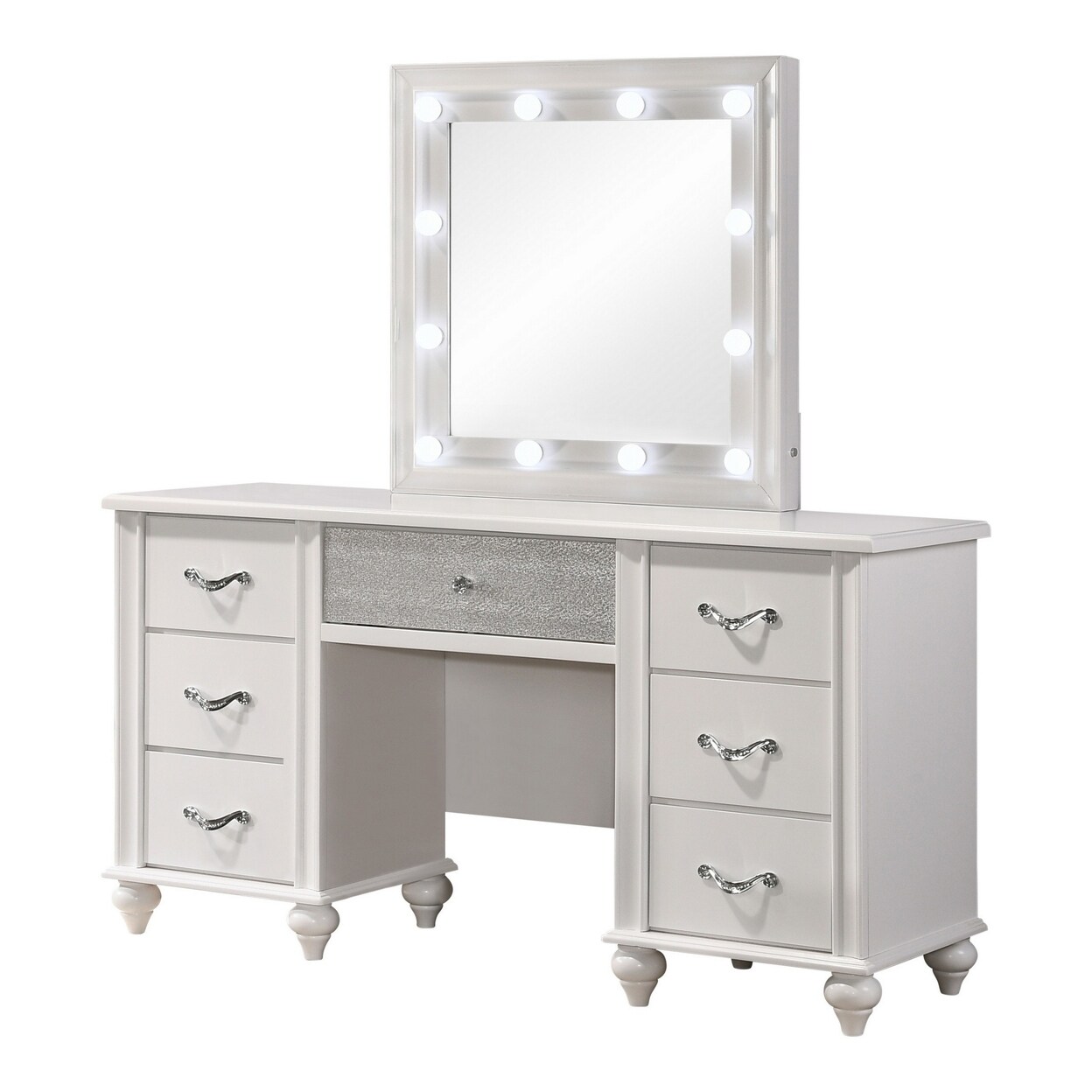 Saltoro Sherpi Dini 62 Inch 7 Drawer Vanity Desk with LED Lighted Mirror, Classic White-
