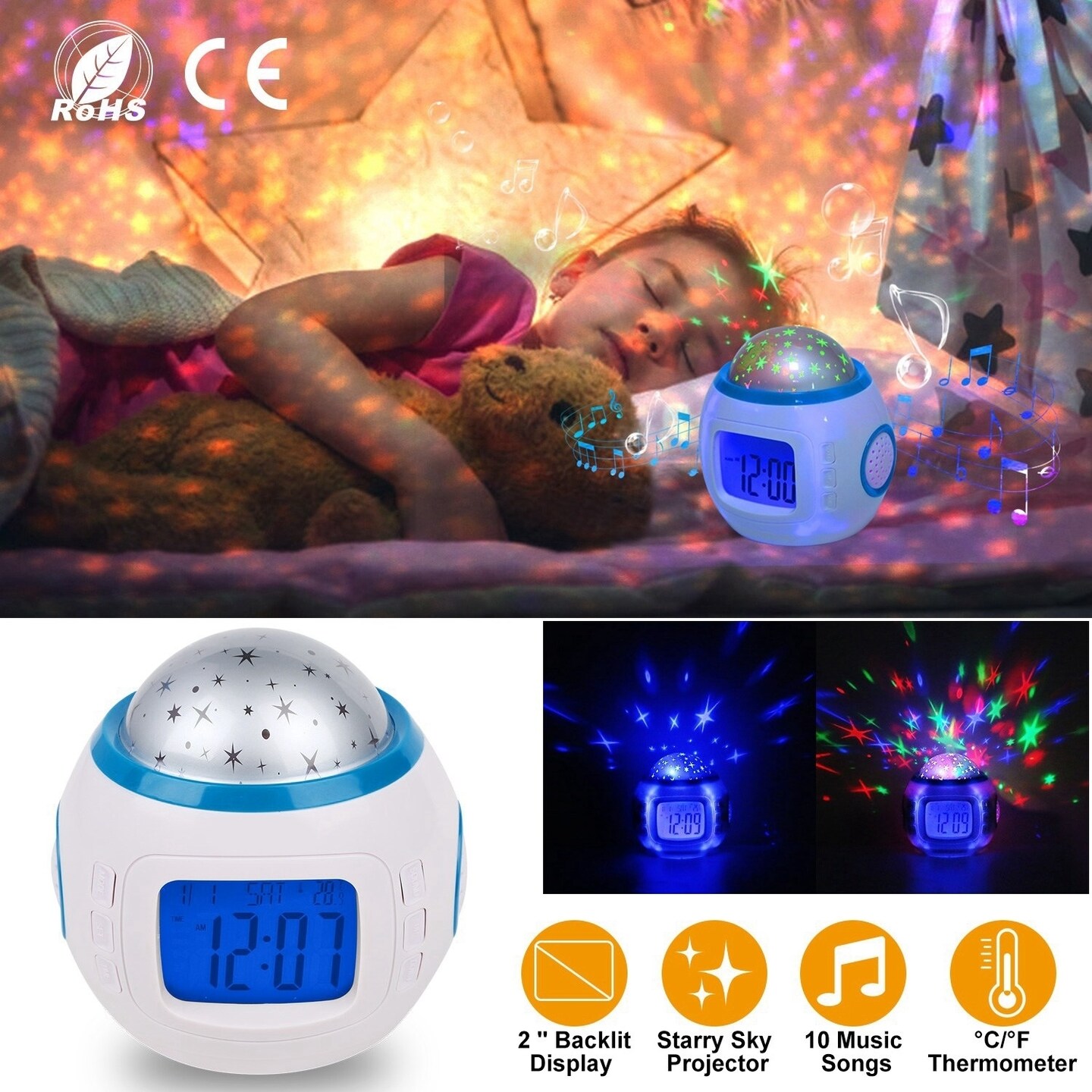 Global Phoenix Kids Music Star Sky LED Projection Lamp Digital Alarm Clock Thermometer Calendar Lights