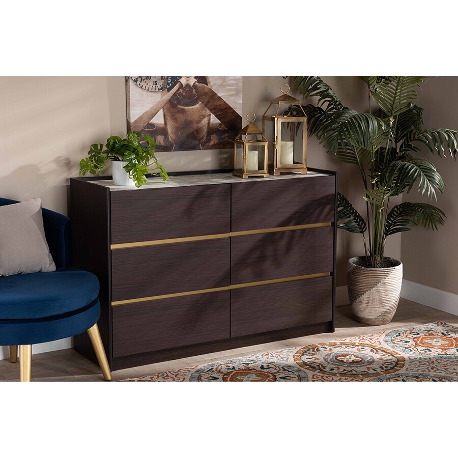 Wholesale Interiors Baxton Studio Walker Modern and Contemporary Dark Brown and Gold Finished Wood 6-Drawer Dresser with Faux Marble Top