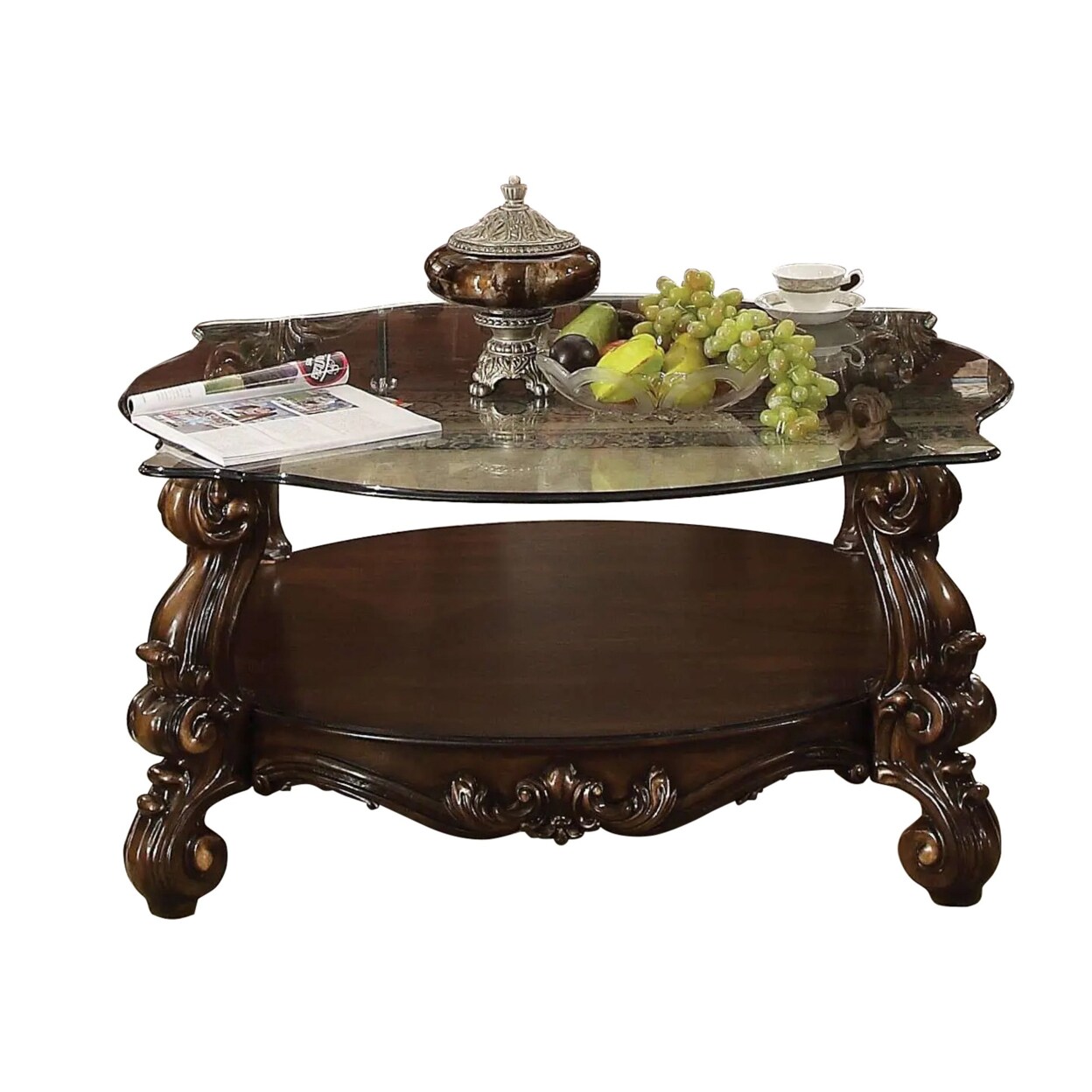 Saltoro Sherpi Curved Glass Top Coffee Table with Open Shelf, Brown-