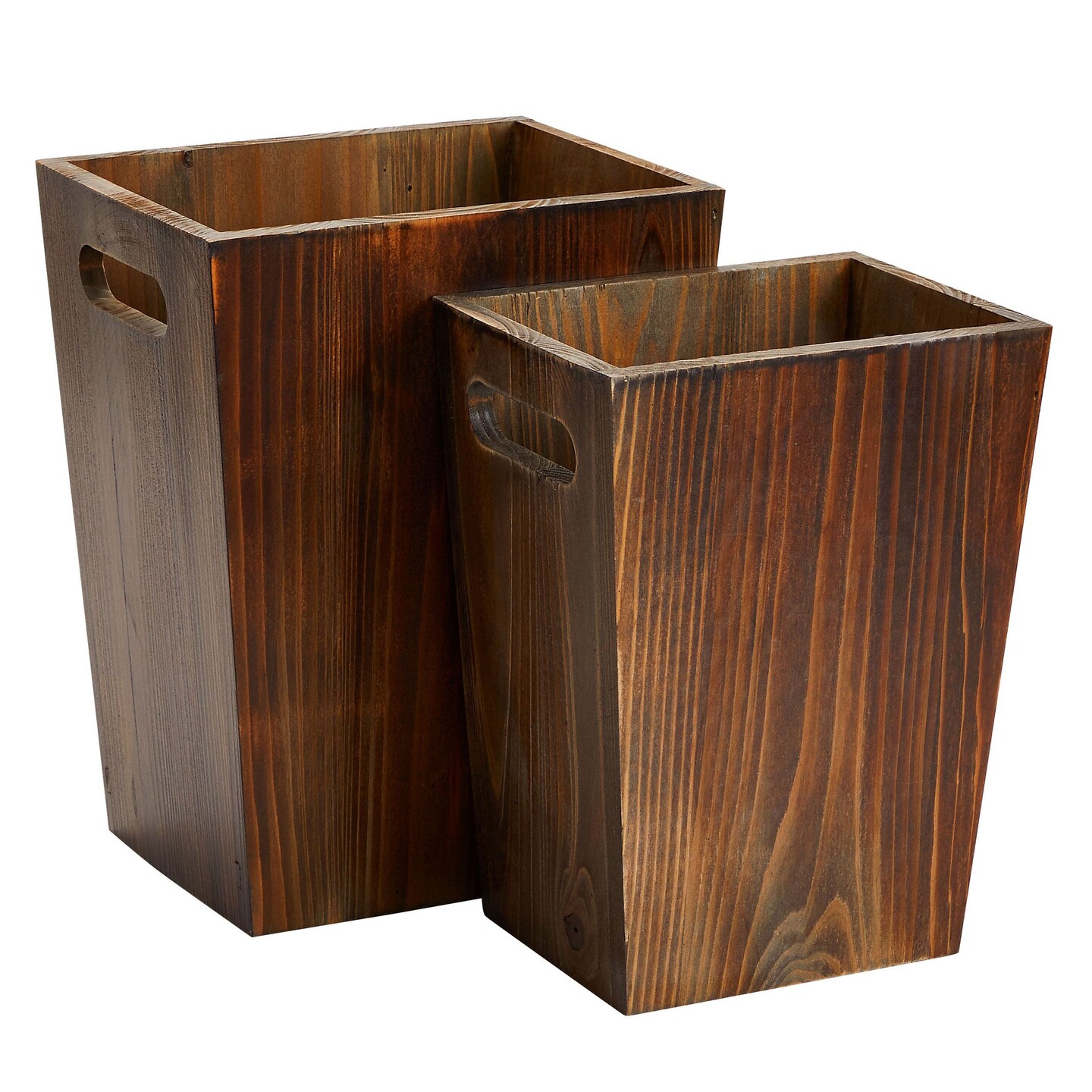 2 Piece Rustic Style Wood Trash Can Set, Farmhouse Square Wastebasket Bin with Handles for Home or Office (Brown, Small &#x26; Large)
