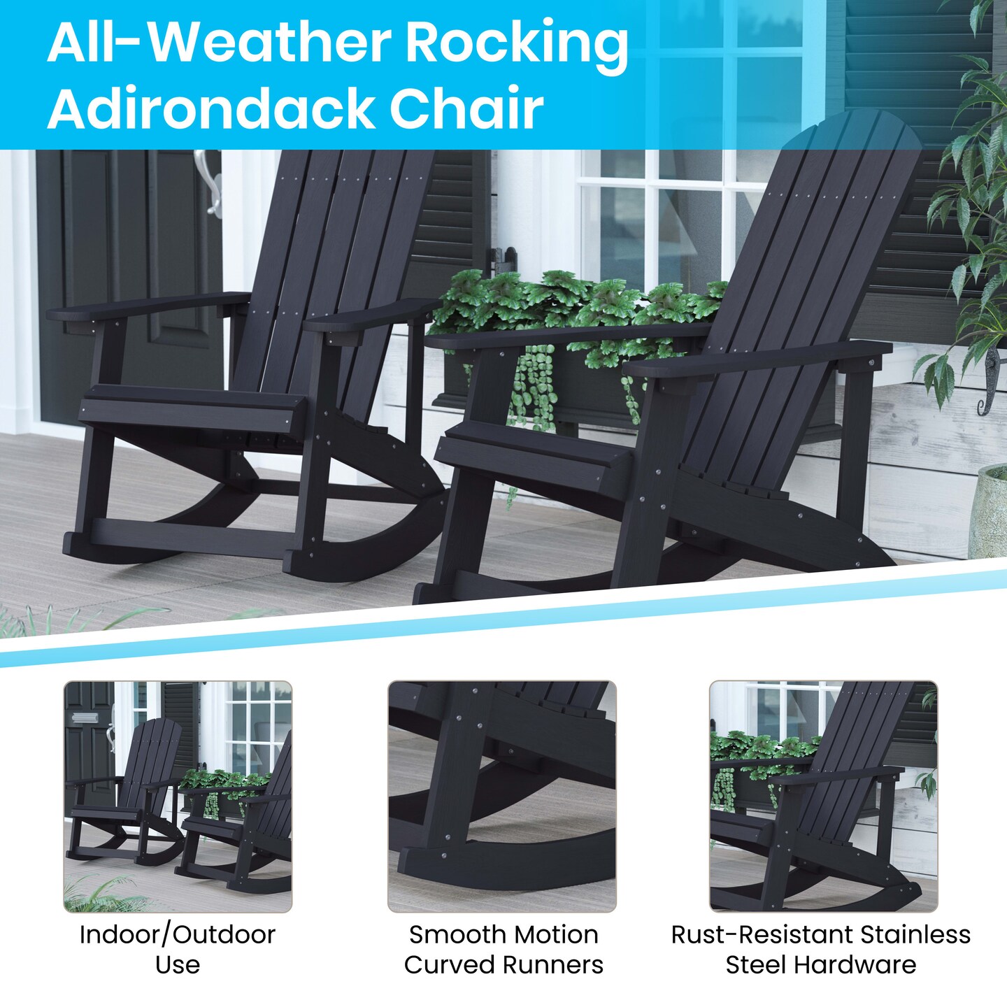 Merrick Lane Atlantic Adirondack Patio Furniture Set Includes All-Weather Rocking Chairs and Side Table