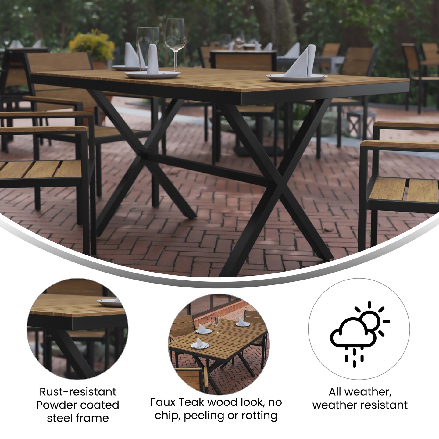 Emma and Oliver Fena 59" x 35.5" Outdoor X-Frame Dining Table with Faux Teak Poly Slat Top and Metal Frame