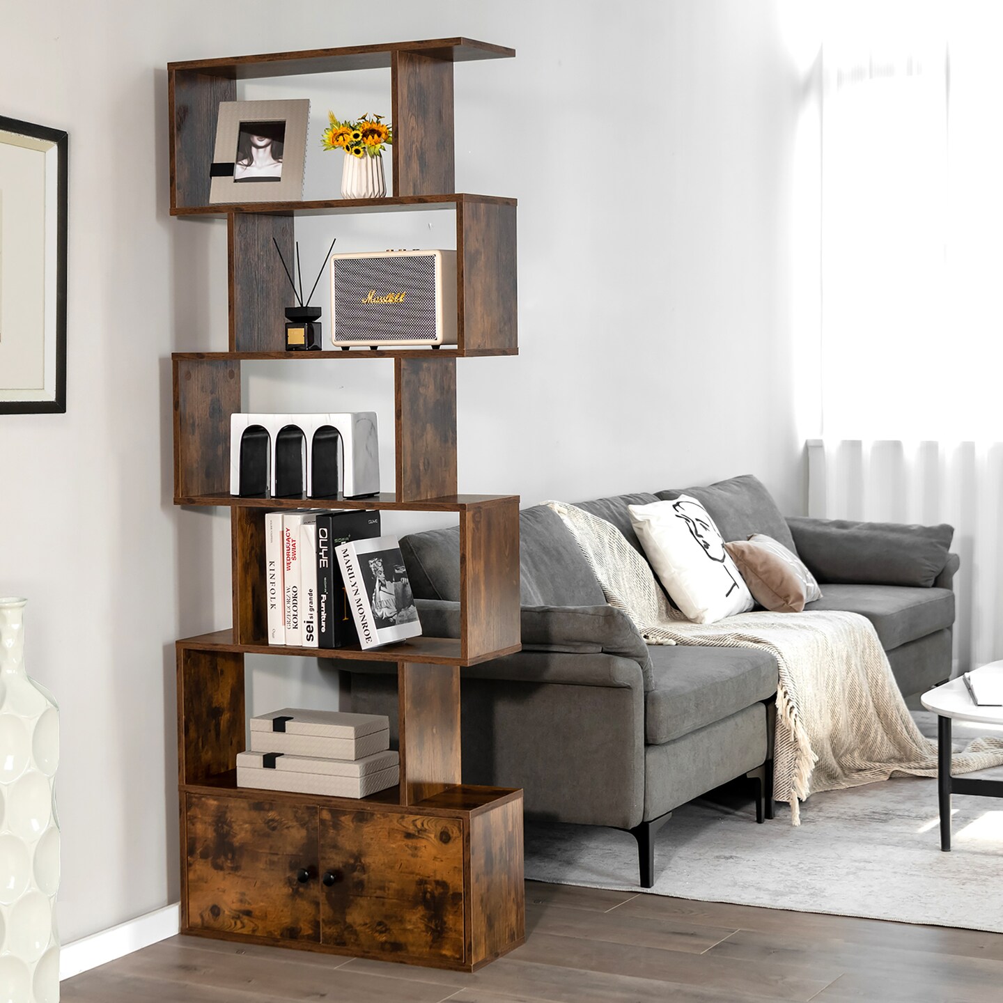 Costway Bookshelf with Cabinet 6-Tier S-Shaped Bookcase Storage Rack Rustic Brown/White/Black