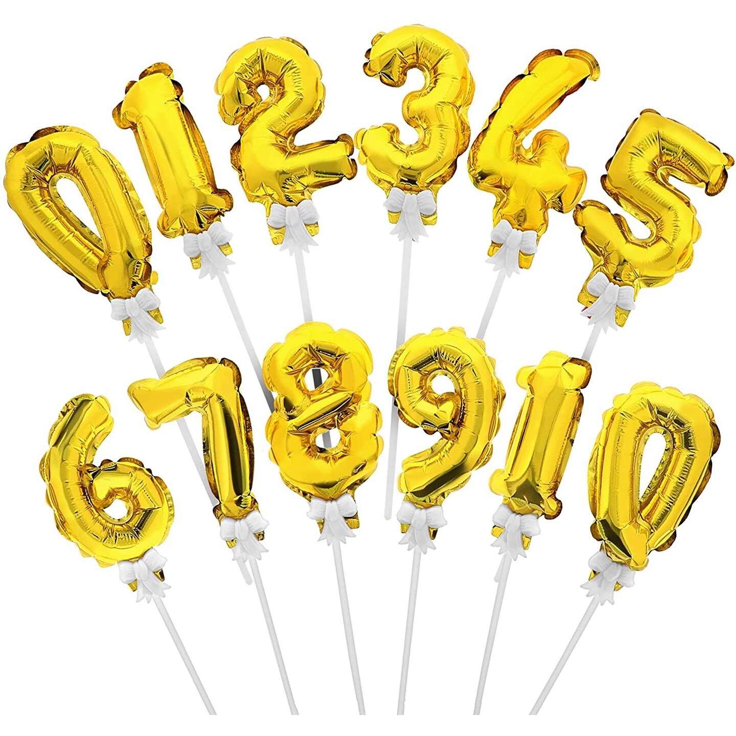 12-Pack Mini Cake Topper Number Balloons, Birthday Party Decor, Metallic Gold, 5.5 Inches