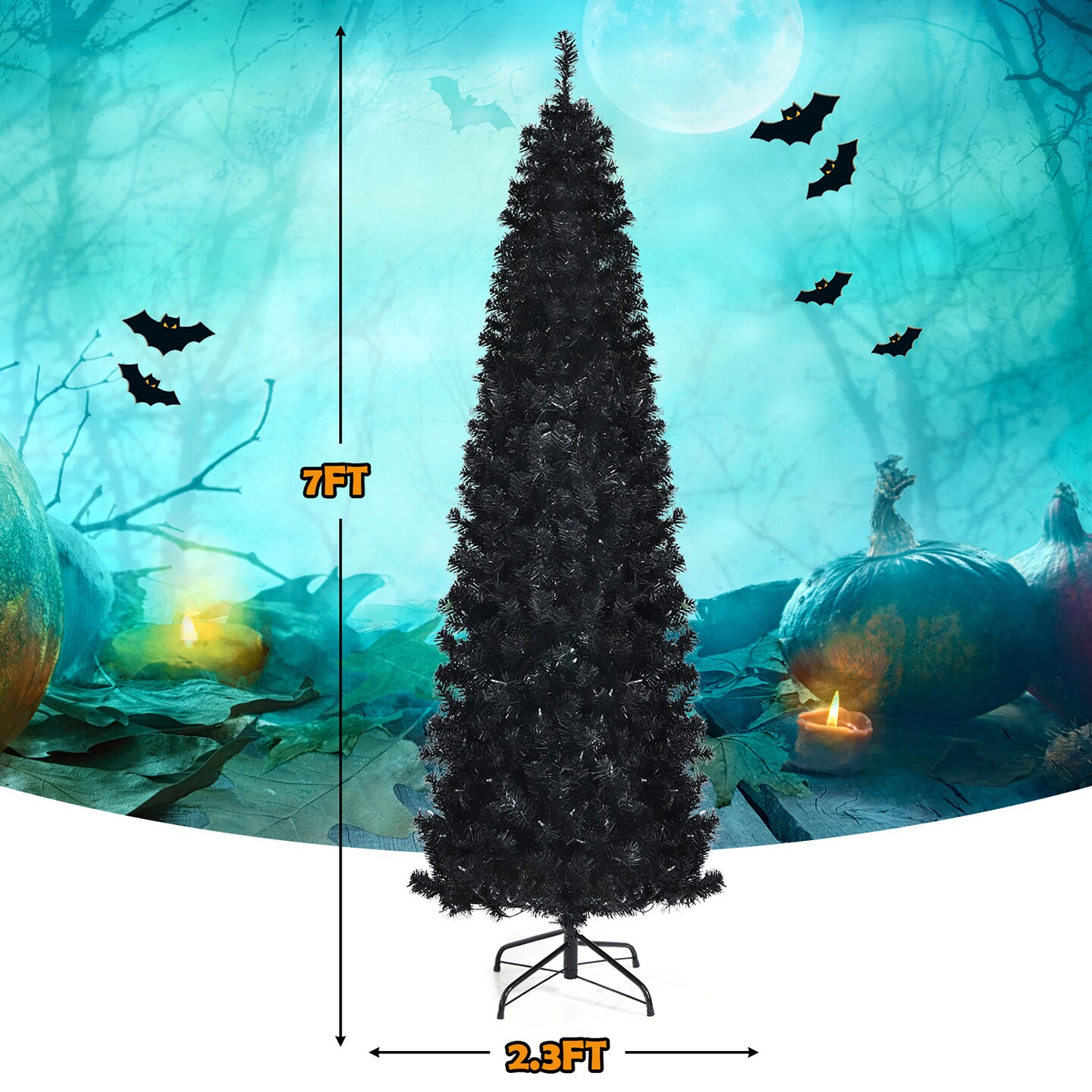 Costway 7ft Pre-lit PVC Christmas Pencil Tree Black w/ 350 LED Lights