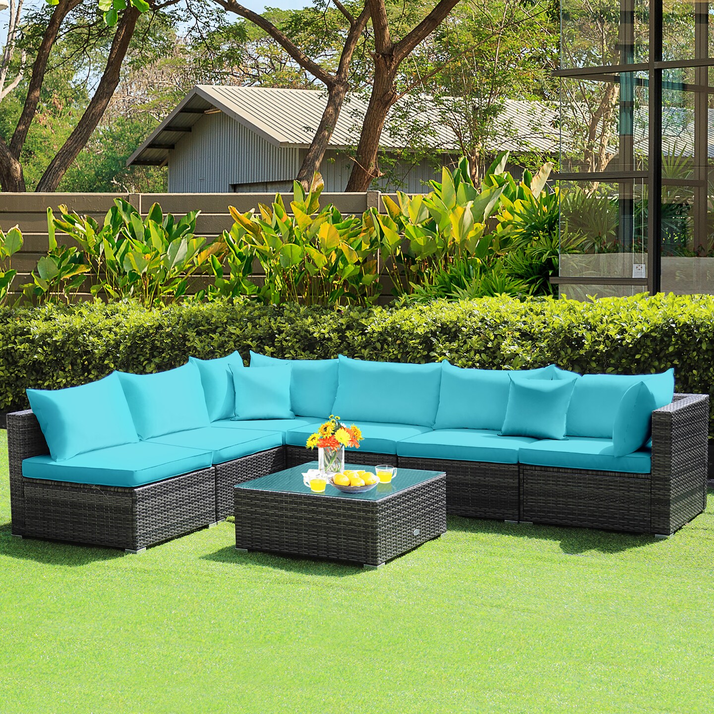 Costway 7PCS Patio Rattan Furniture Set Sectional Sofa Cushioned Turquoise