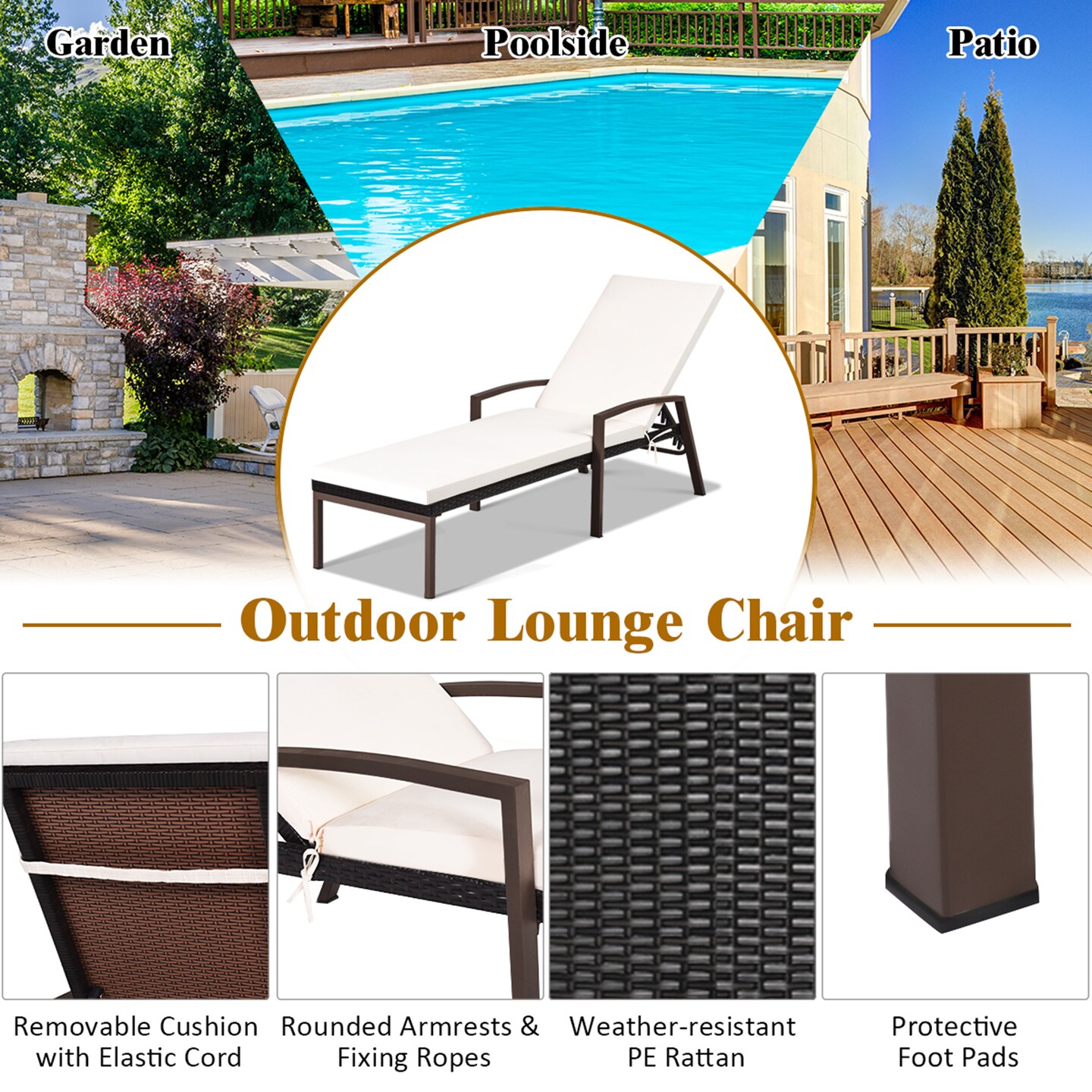 Costway Patio Rattan Lounge Chair Recliner Back Adjustable Cushioned Garden Brown