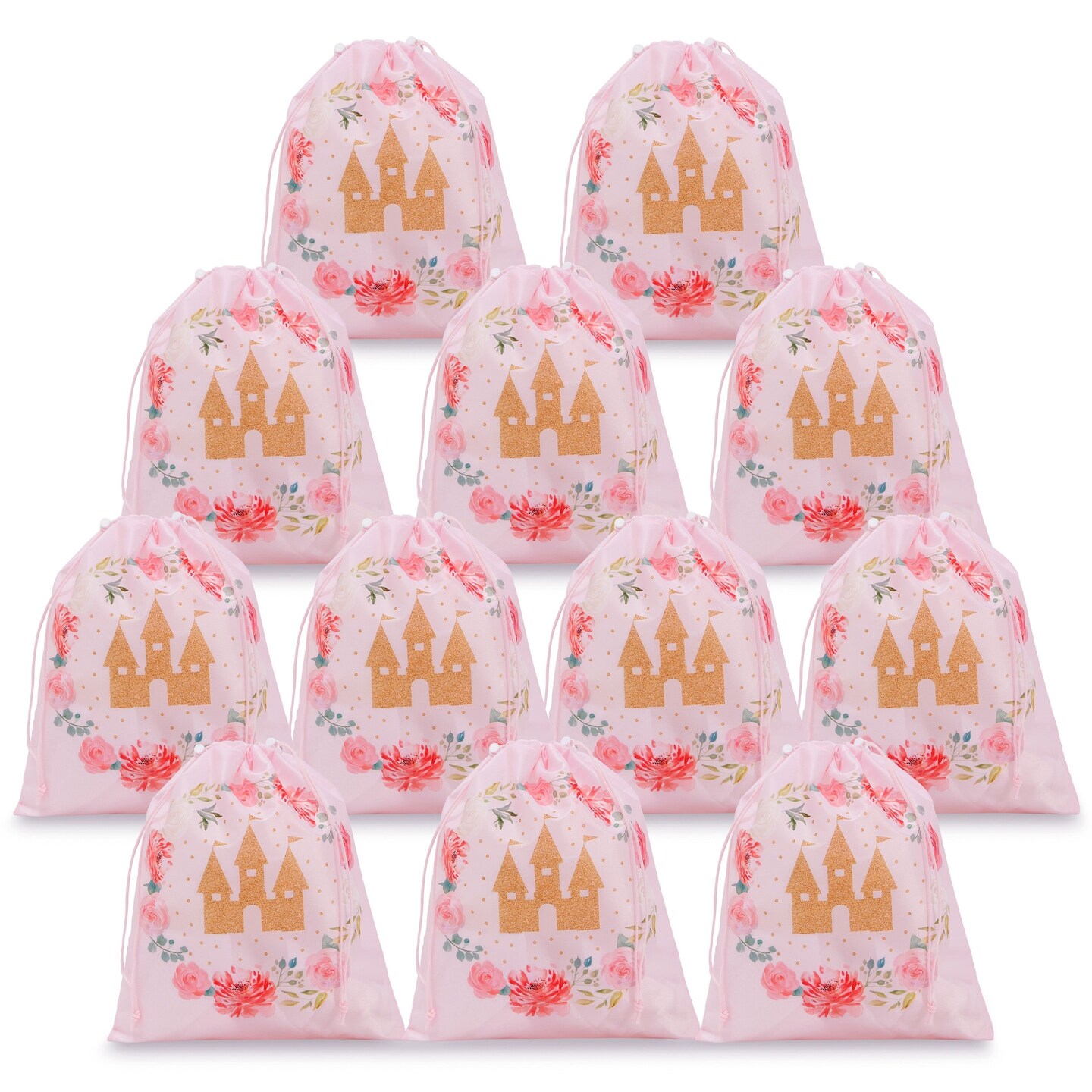 12 Pack Pink Drawstring Gift Bags for Princess Birthday Party Favors, Castle and Rose Print (10 x 12 In)