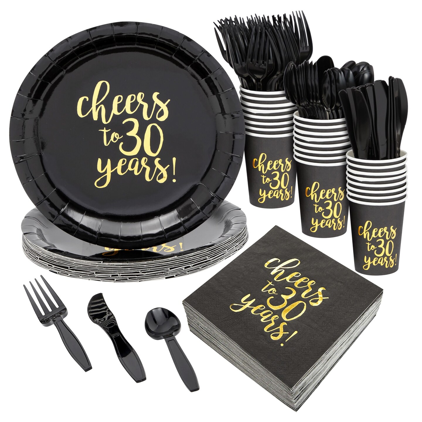 144-Piece Cheers to 30 Years Plates, Napkins, Cutlery, and Cups for Black and Gold 30th Birthday Party Supplies, Anniversary Decorations (Serves 24)