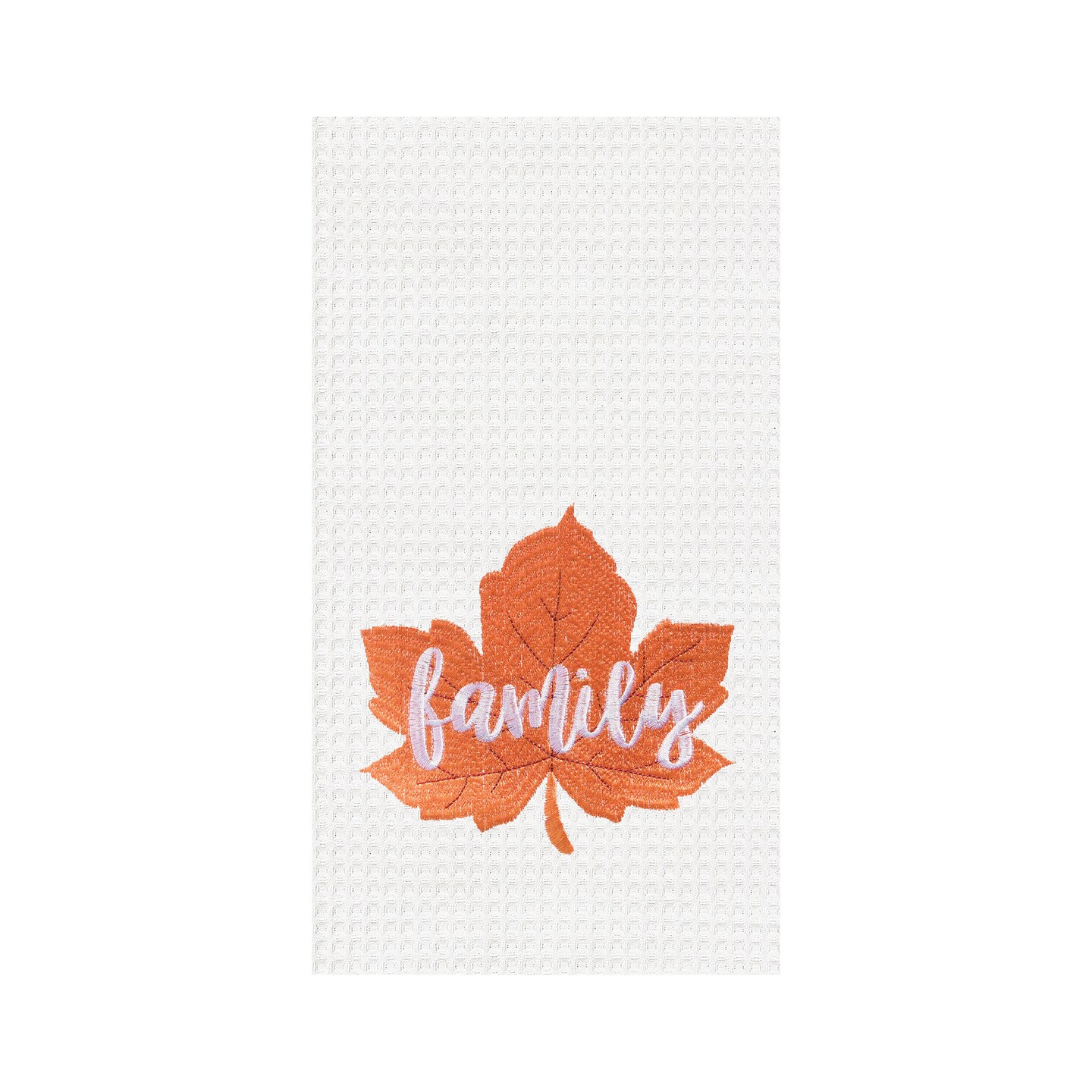 "Family" Leaf Embroidered Waffle Weave Kitchen Autumn Dishtowel