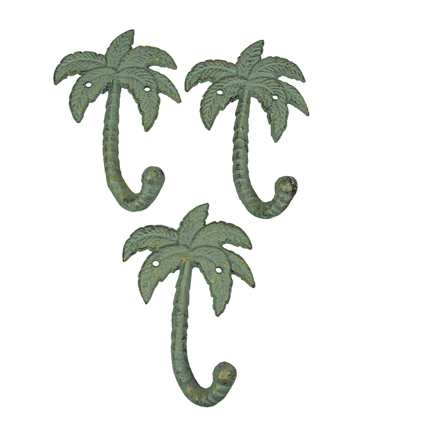 Set of 3 Verdigris Cast Iron Palm Tree Wall Hanging Hooks Towel Hat Coat Rack