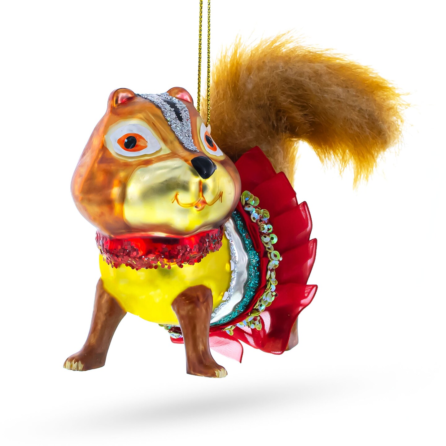 Chipmunk Wearing Dress Blown Glass Christmas Ornament