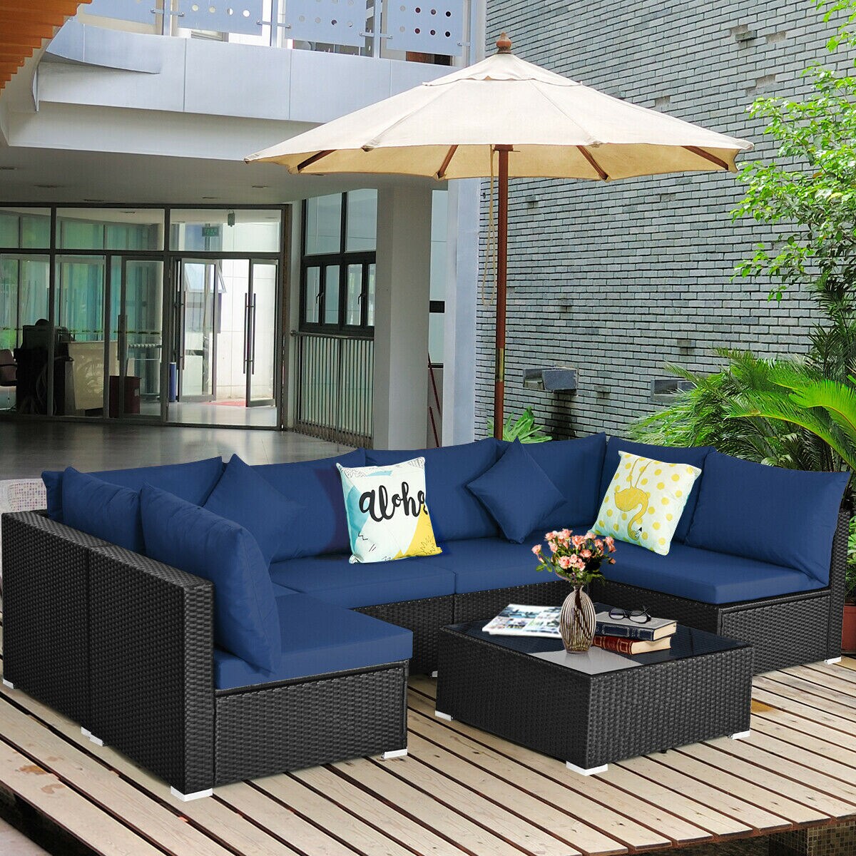 7 Pieces Sectional Wicker Furniture Sofa Set With Tempered Glass Top