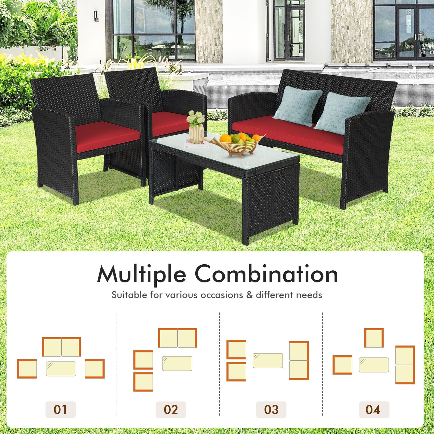 4 Pcs Wicker Conversation Furniture Set Patio Sofa and Table Set