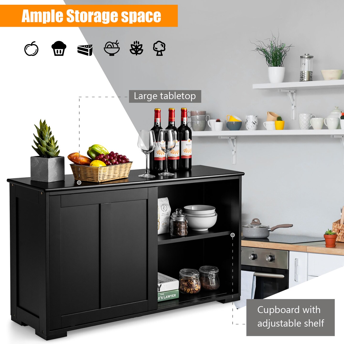 Kitchen Storage Cupboard Cabinet with Sliding Door and Adjustable Shelf