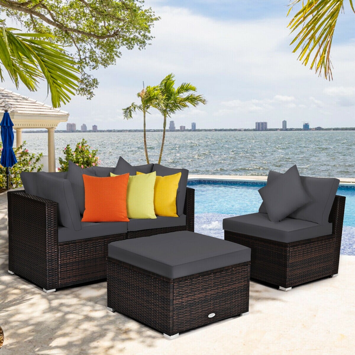 4 Pieces Ottoman Garden Patio Rattan Wicker Furniture Set with Cushion