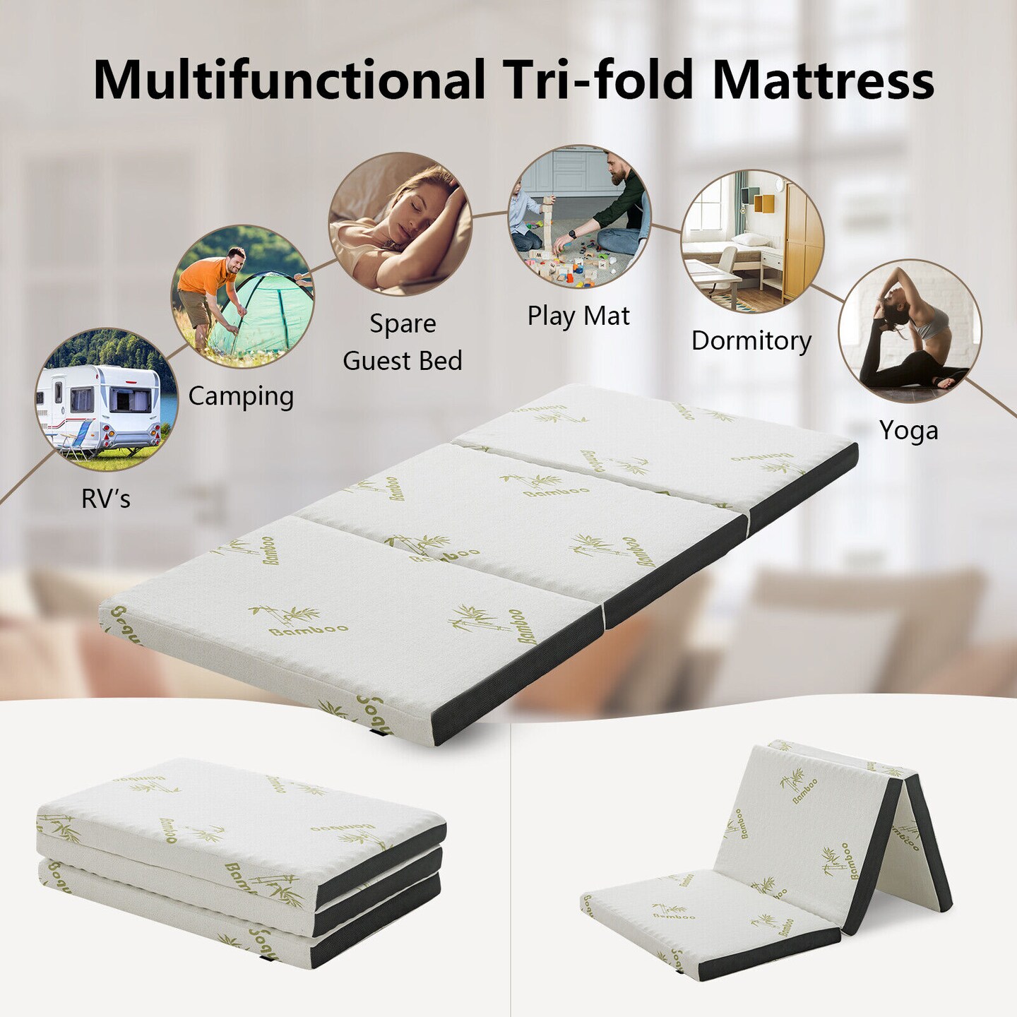 Queen 3 Inch Tri-fold Memory Foam Floor Mattress Topper Portable with Carrying Bag