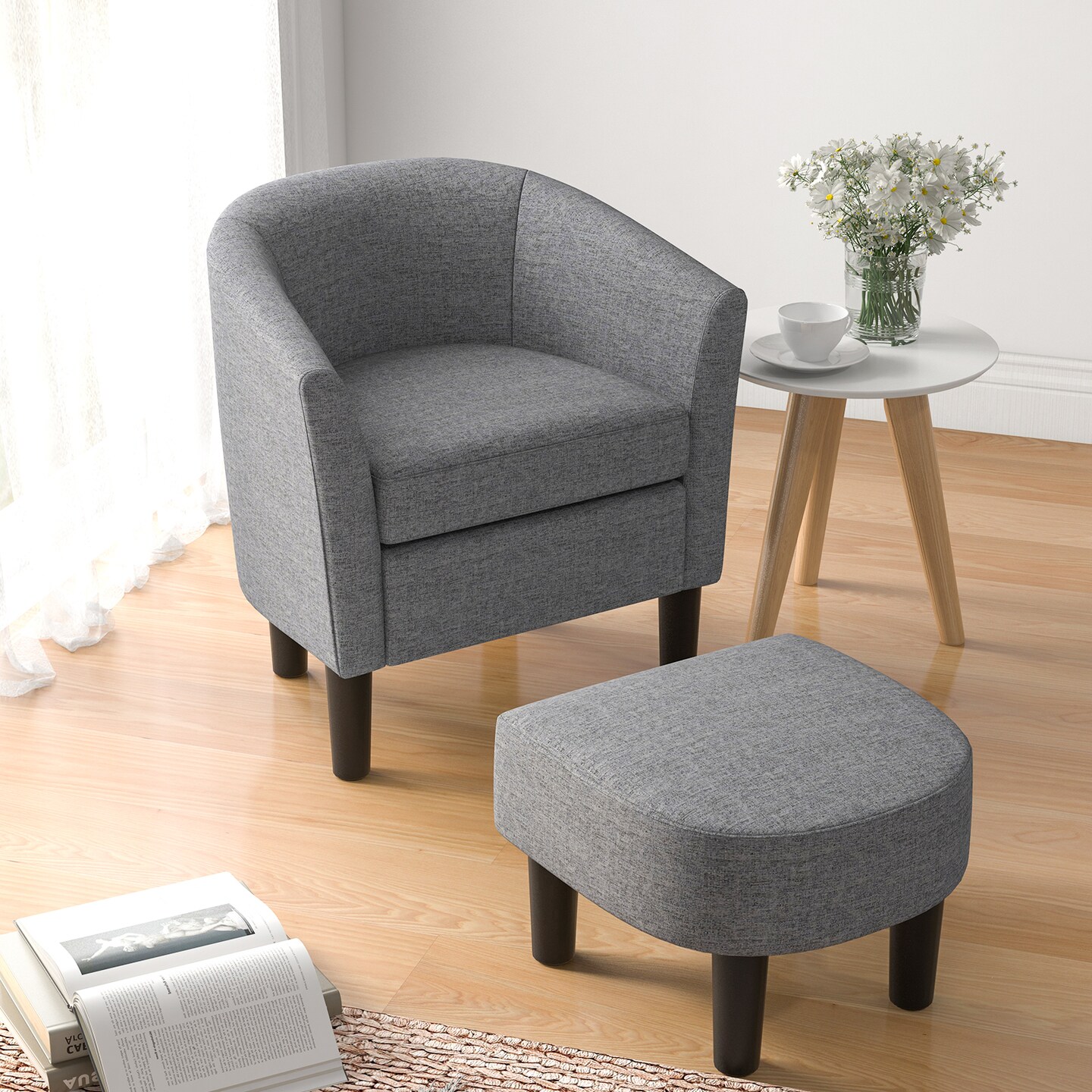 Barrel Club Chair With Ottoman Set Linen Fabric Accent Chair With Footrest-gray