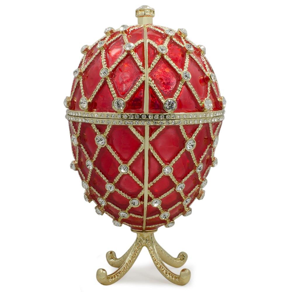 Royal Trellis with Crystals on Red Enamel Royal Inspired Metal Easter Egg 7 Inches