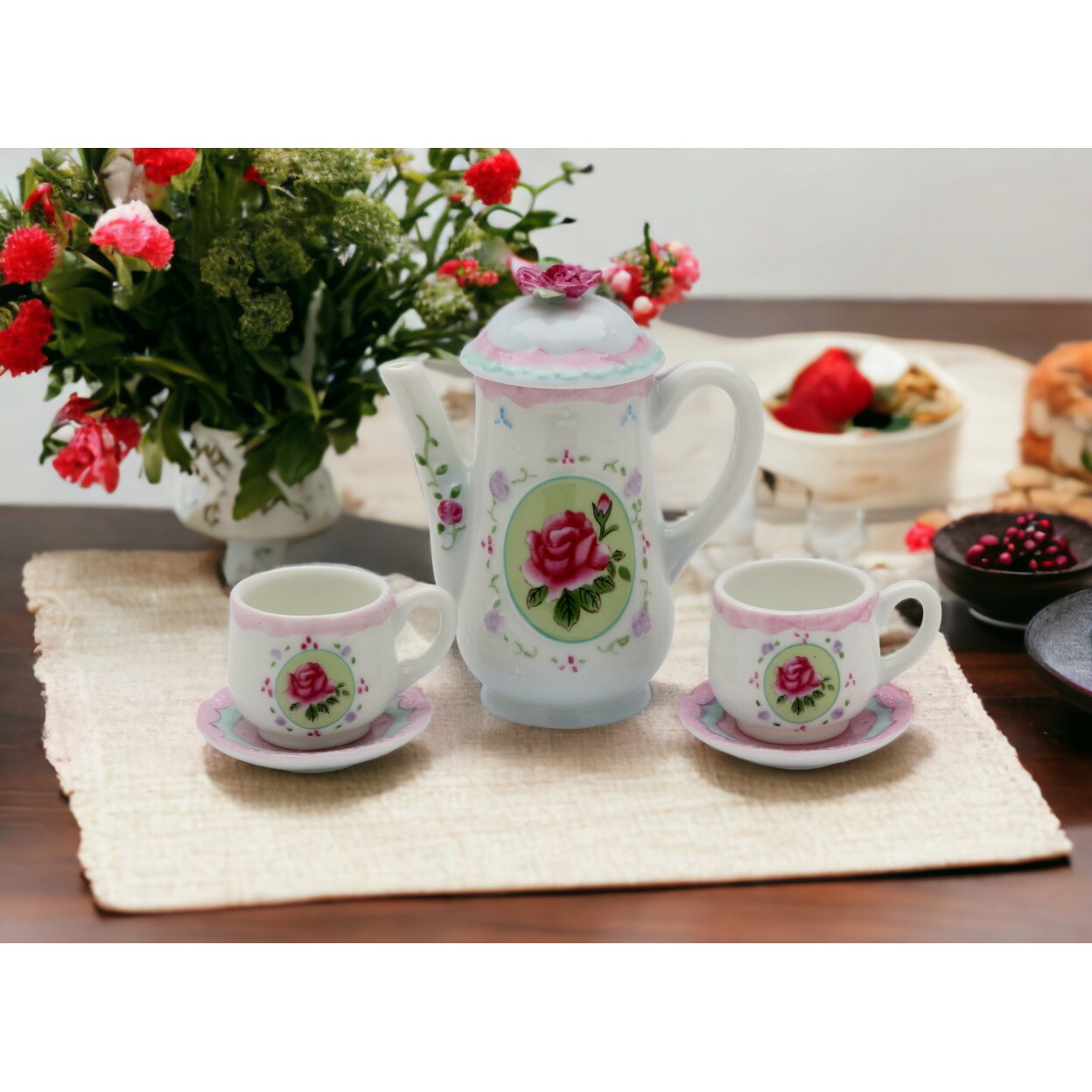 kevinsgiftshoppe Ceramic Pink Rose Mini Tea Set- 5 Piece Set    Tea Party Decor Cafe Decor