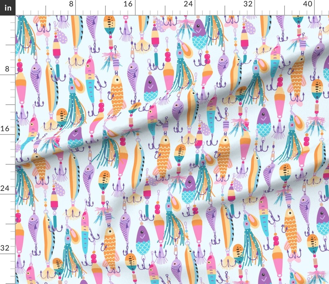 Fishing Light Blue Bait Tackle Outdoor Custom Printed Fabric by Spoonflower Various Fabrics by the Yard or Fat Quarter