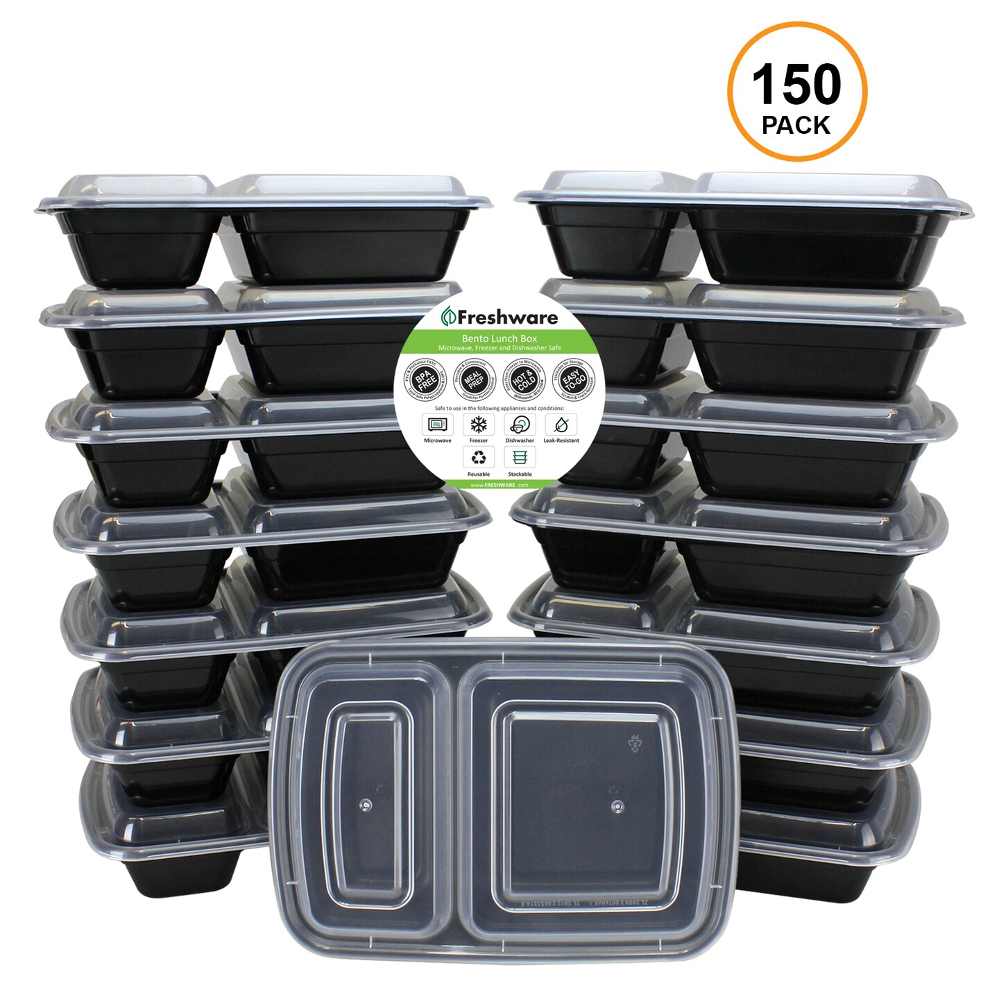 Freshware 150-Pack Bento Lunch Boxes 2 Compartment 25Oz Meal Prep Containers