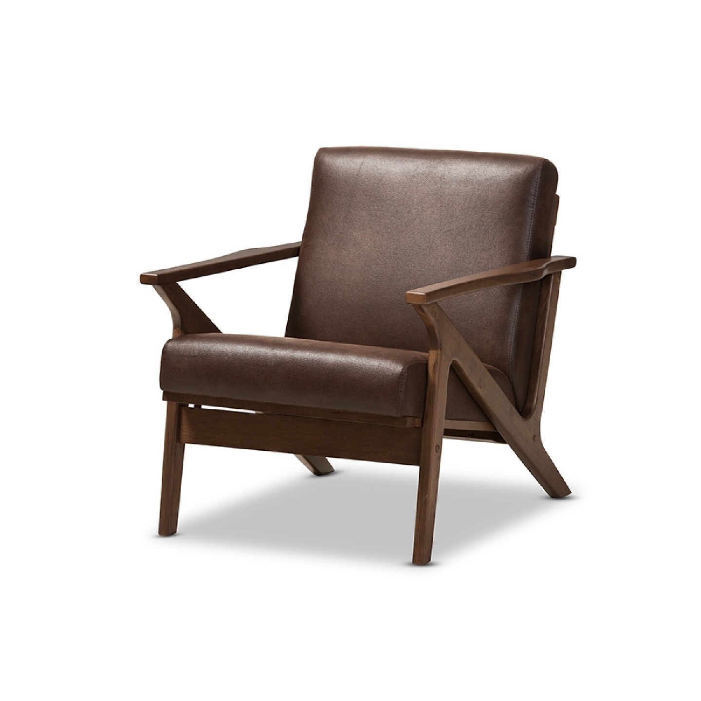 Wholesale Interiors Baxton Studio Bianca Mid-Century Modern Walnut Wood Dark Brown Distressed Faux Leather Lounge Chair