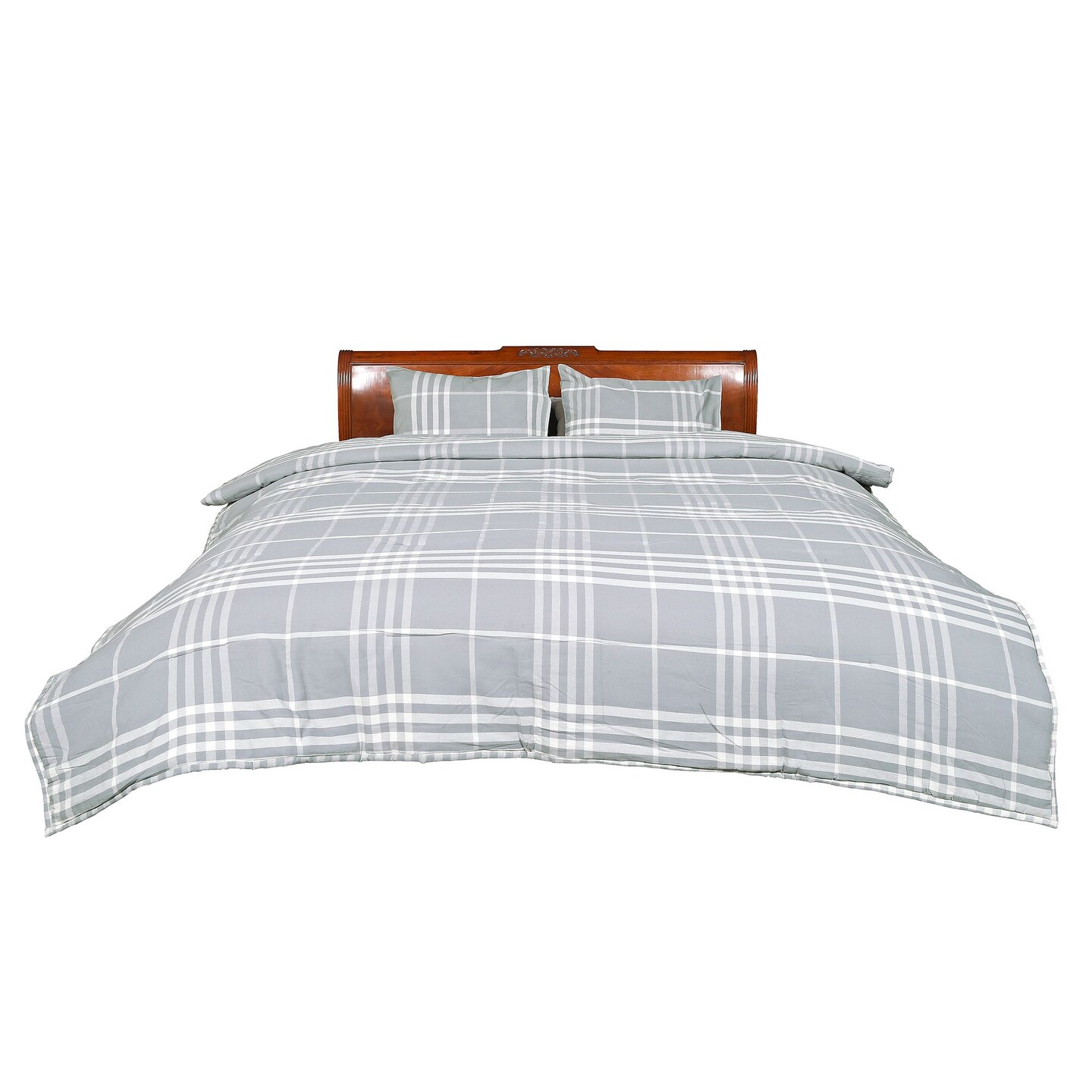 Contemporary Home Living 104&#x22; Gray and Cream Plaid Reversible Comforter Bedding Set - King Size