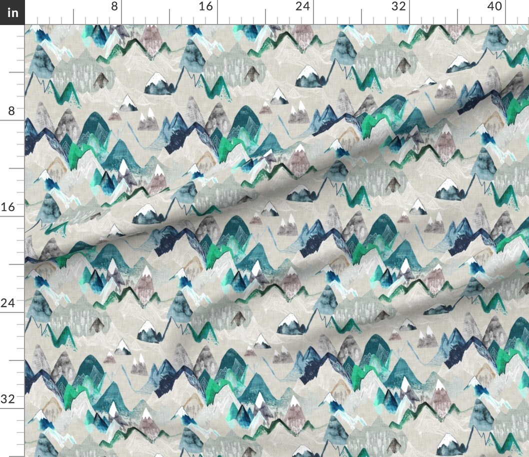 Mountain, Call, Adventure, Camping, Rustic, Painting, Watercolour, Forest, Woods, Geometric, Blue, Water Custom Printed Fabric by Spoonflower Various Fabrics by the Yard or Fat Quarter