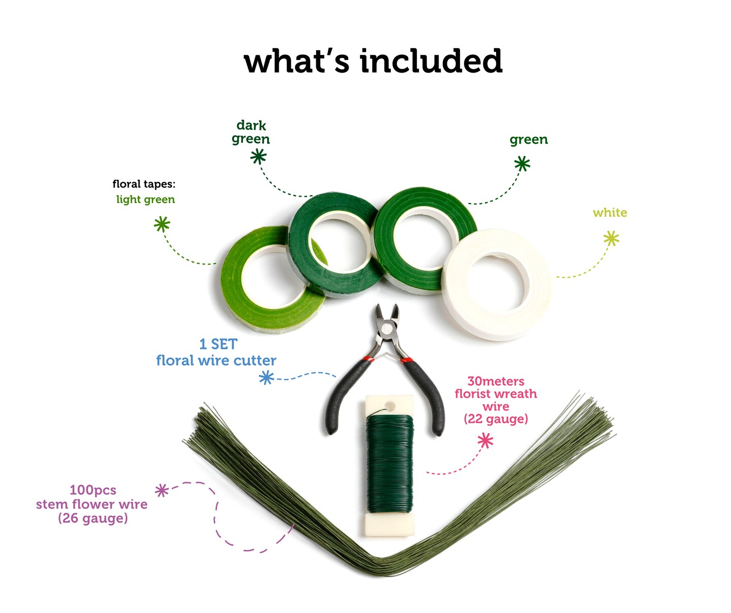 Incraftables White & Green Floral Tape (4pcs), Stem Wire (100pcs