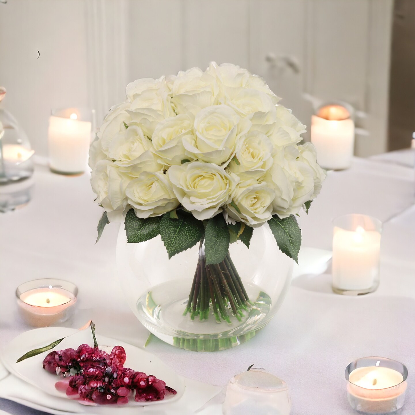White Rose Arrangement in Faux Water Look Glass Vase - Lifelike Floral Accent for Home D&#xE9;cor &#x26; Special Occasions - Timeless Elegance, Floral Home by Artificial Flowers