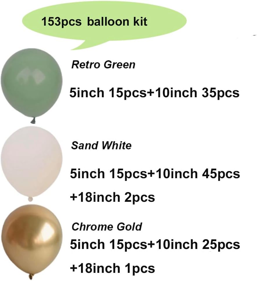Sage Green Balloon Garland Arch Kit 153pcs Sand White Chrome Metallic Gold Avocado Olive Boho Pastel Balloons for Baby Shower Birthday Wedding Jungle Safari Party Decorations